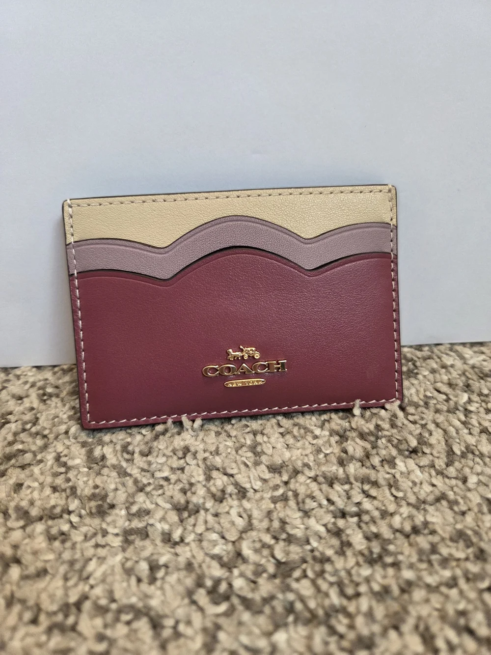 Coach Colorblock Leather Card Holder in Burgundy, Mauve & Cream